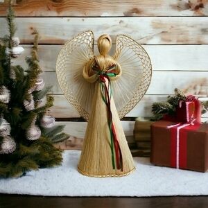 Vintage 1960s Handcrafted Corn Husk Straw Praying Angel Figurine Xmas